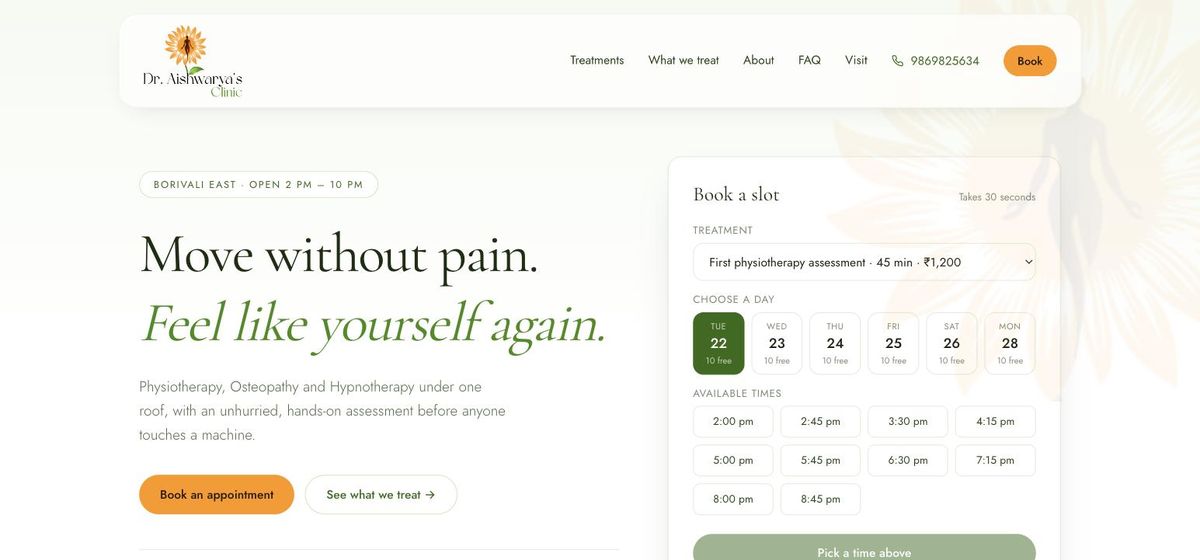 Dr. Aishwaryas Clinic homepage: physiotherapy, osteopathy and hypnotherapy booking site
