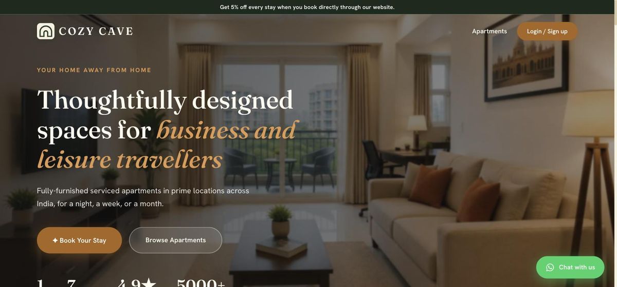 CozyCave homepage: booking hero for furnished apartments in Bengaluru